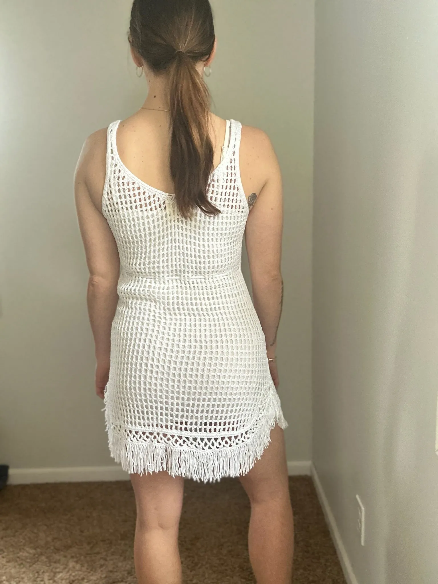 white crochet fringe dress cover up