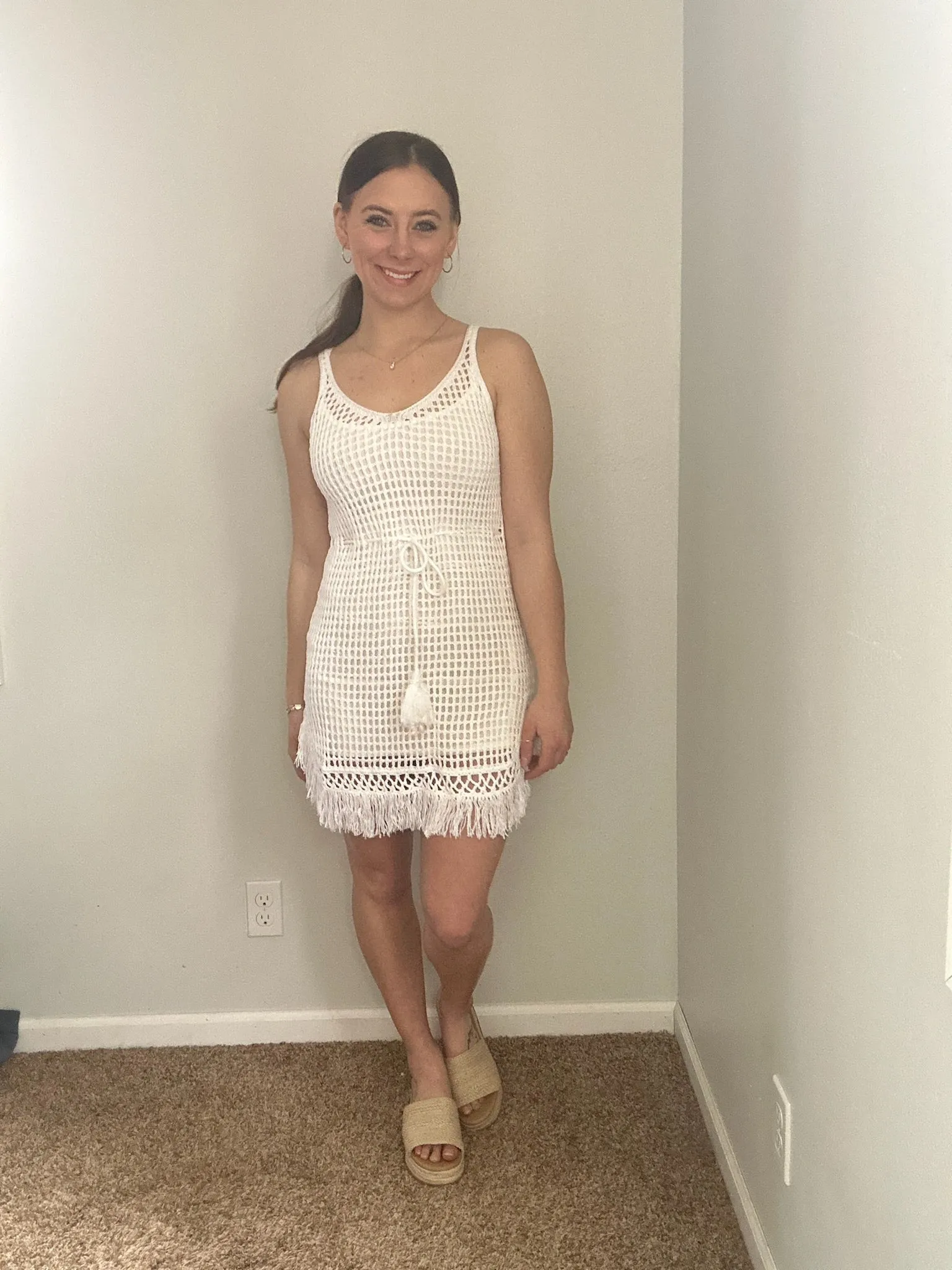 white crochet fringe dress cover up