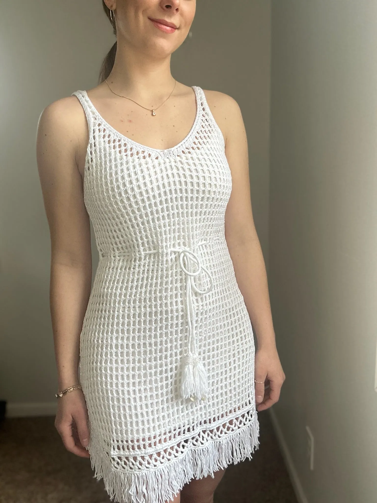 white crochet fringe dress cover up