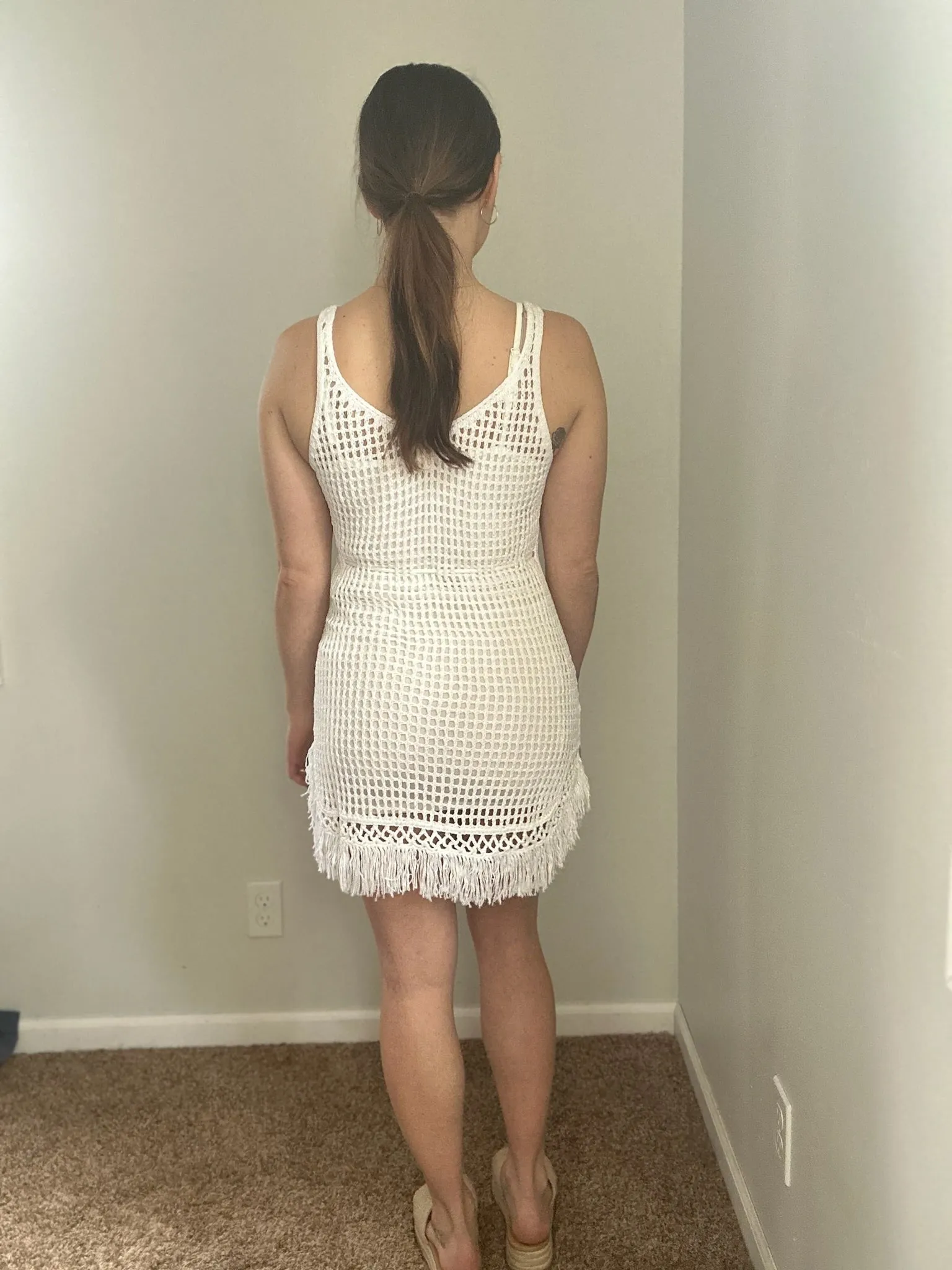 white crochet fringe dress cover up