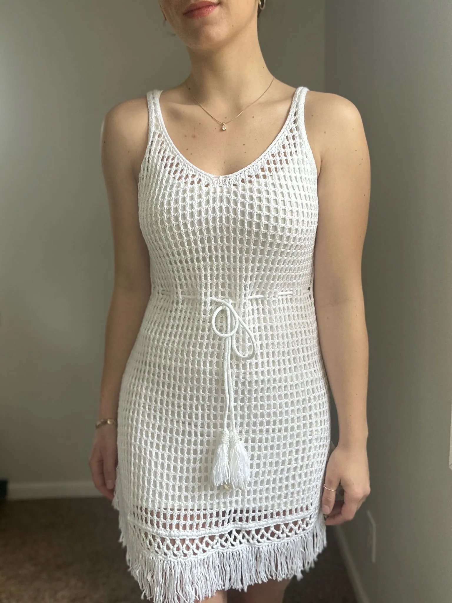 white crochet fringe dress cover up