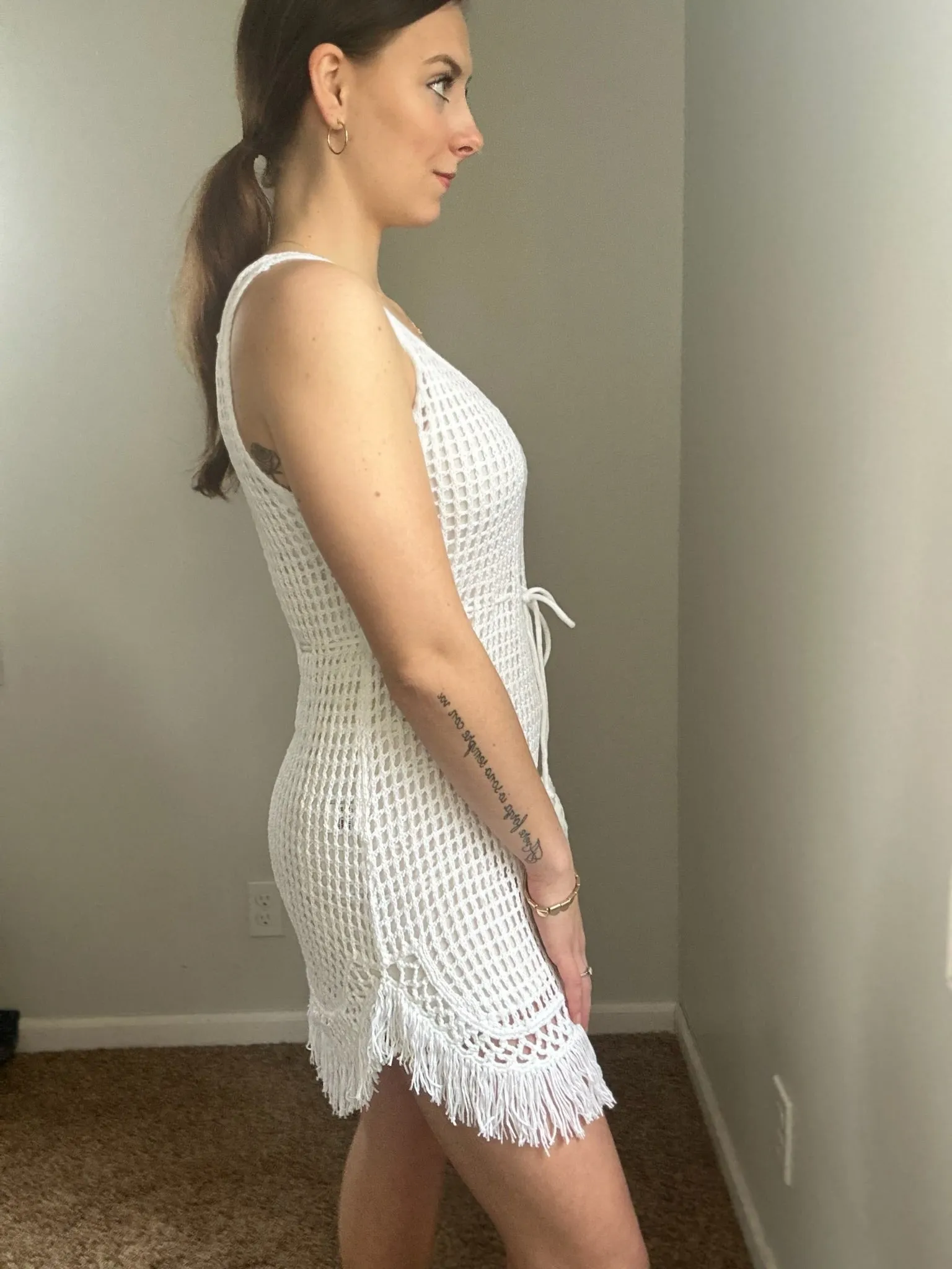 white crochet fringe dress cover up