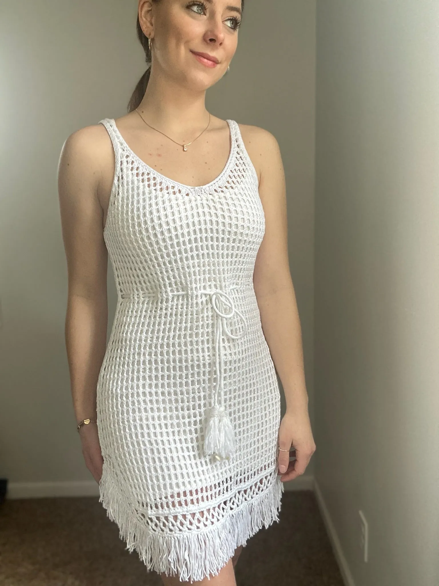 white crochet fringe dress cover up