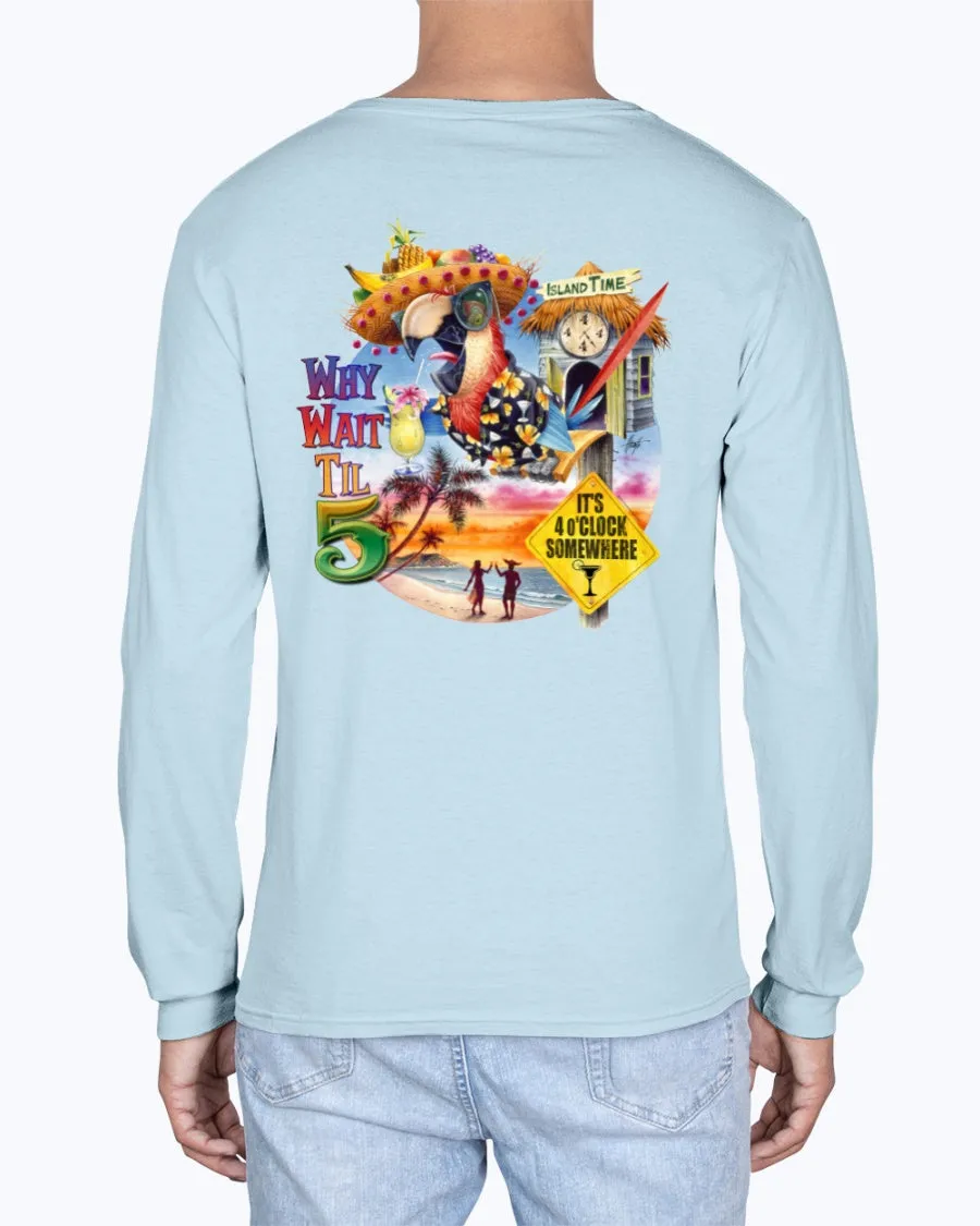 Why Wait Til 5 Macaw Cuckoo Clock Soft Washed 6.1 oz Cotton T-shirt - Back Print