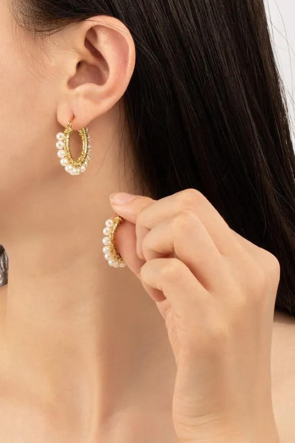 Wire Wrapped Pearl Brass Hoop Earrings