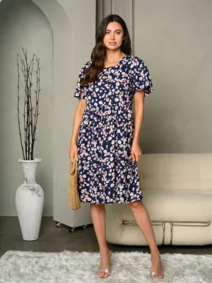 WOMEN'S DITSY FLORAL PRINT SHORT RUFFLE SLEEVE OVERSIZED BABYDOLL MINI DRESS