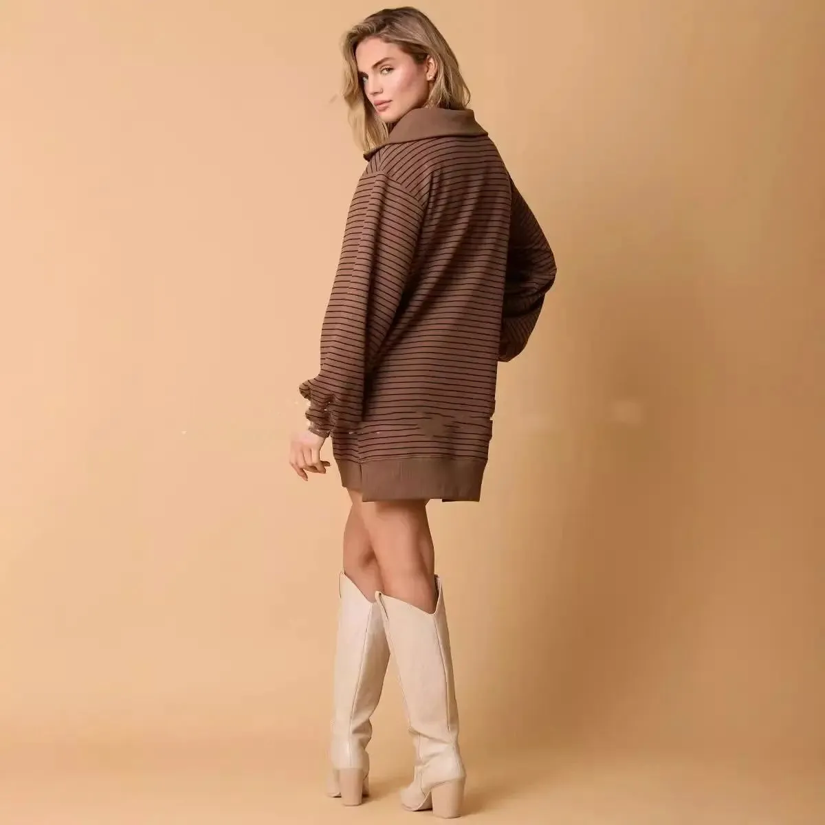 Women's Long Sleeve Polo Collar Stripes Loose Dress