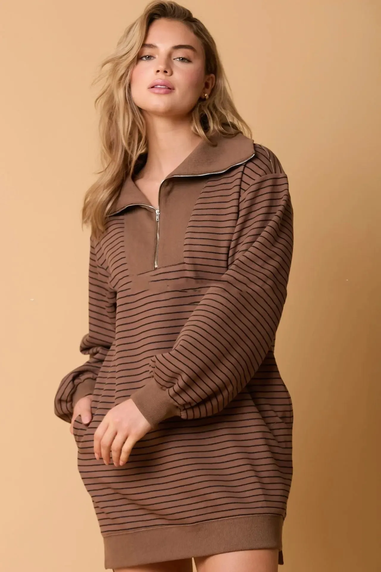 Women's Long Sleeve Polo Collar Stripes Loose Dress