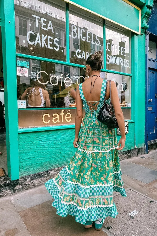 Yolanda Ric Rac Trims Unique Print Smocked Bust Back Lace-up Maxi Dress