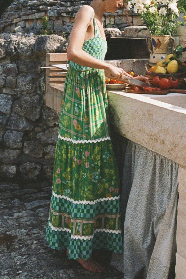 Yolanda Ric Rac Trims Unique Print Smocked Bust Back Lace-up Maxi Dress